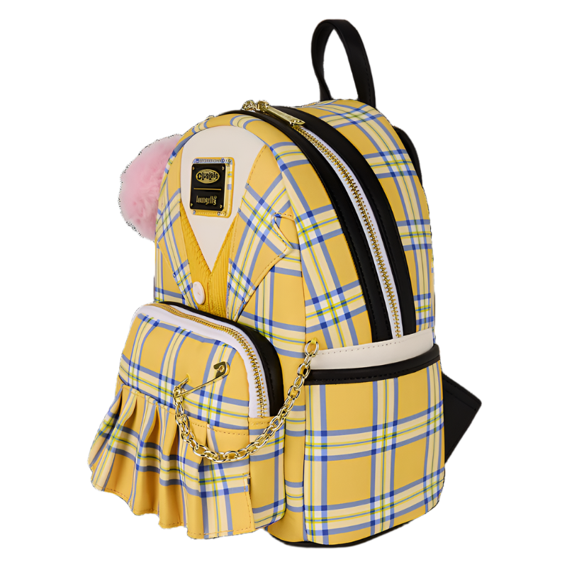 Yellow plaid backpack with a pink pom-pom on a white background