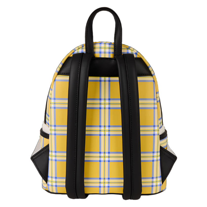 Yellow plaid backpack with black straps on a white background