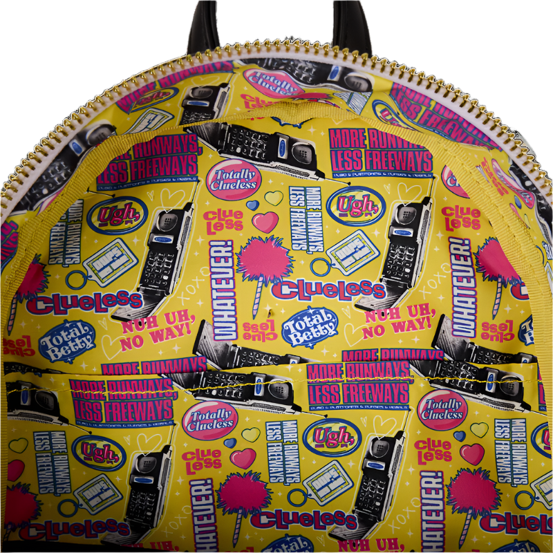 Backpack with Clueless-themed design on a yellow background