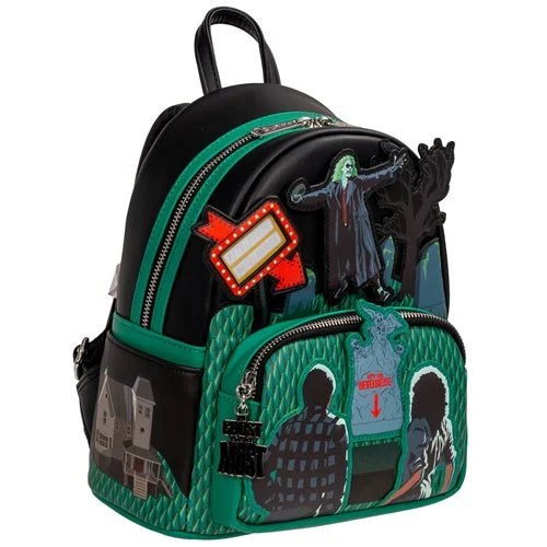 Backpack with character designs and colorful details on a white background