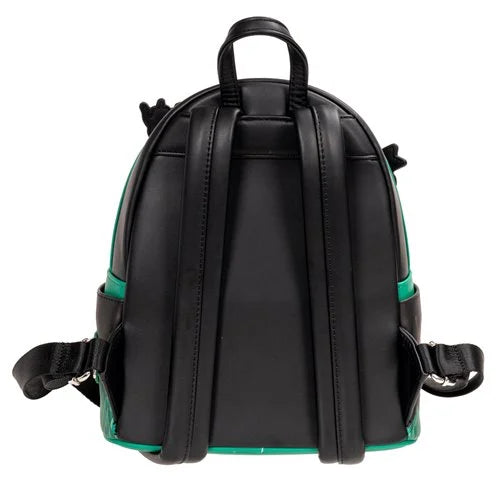 Black backpack with green accents on a white background