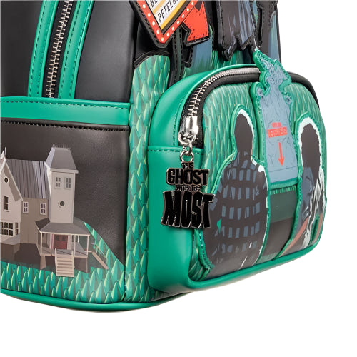 Backpack with ghost-themed design and bag charm stating 'The Ghost with the Most"