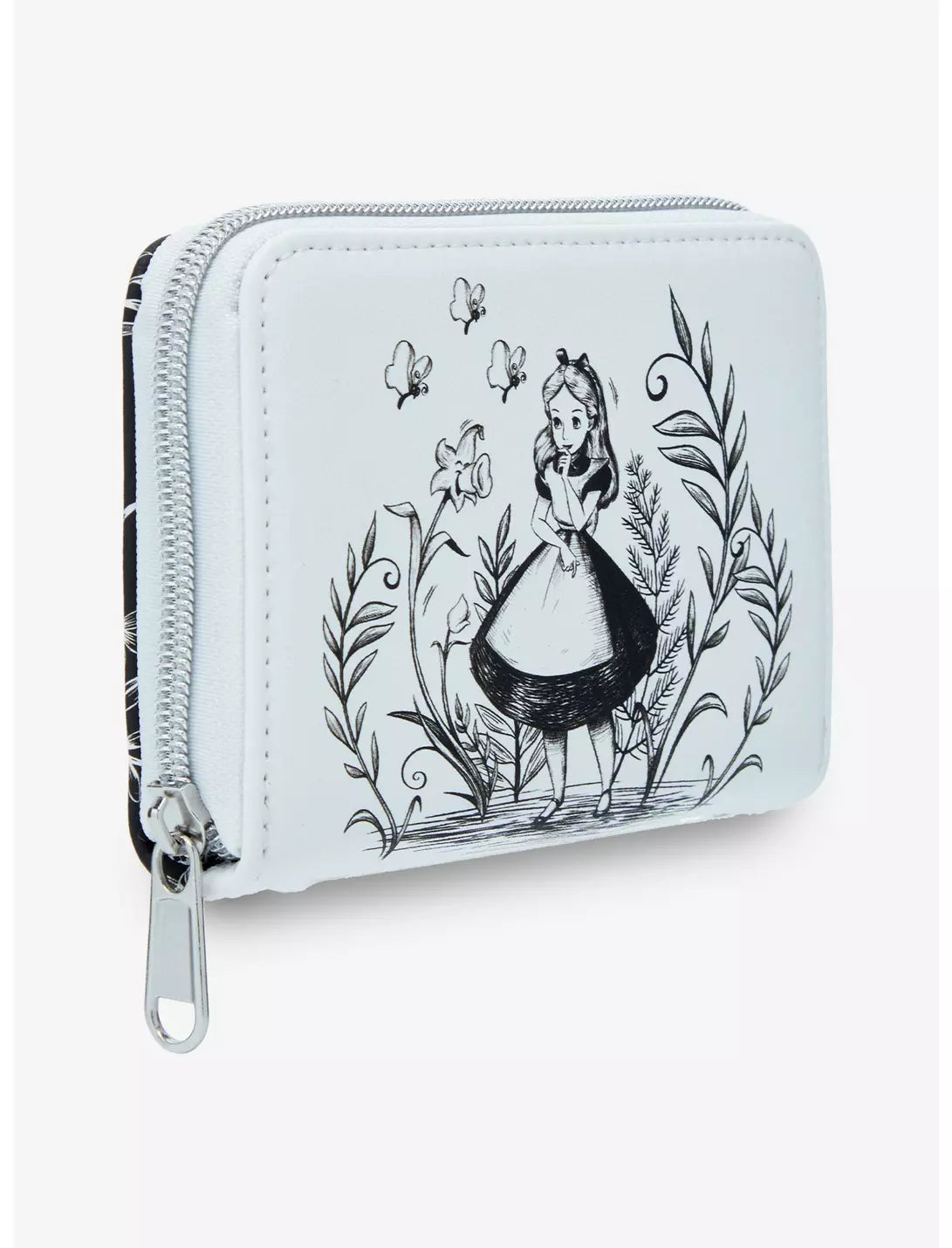 White wallet with black illustrations of Alice in Wonderland on a white background