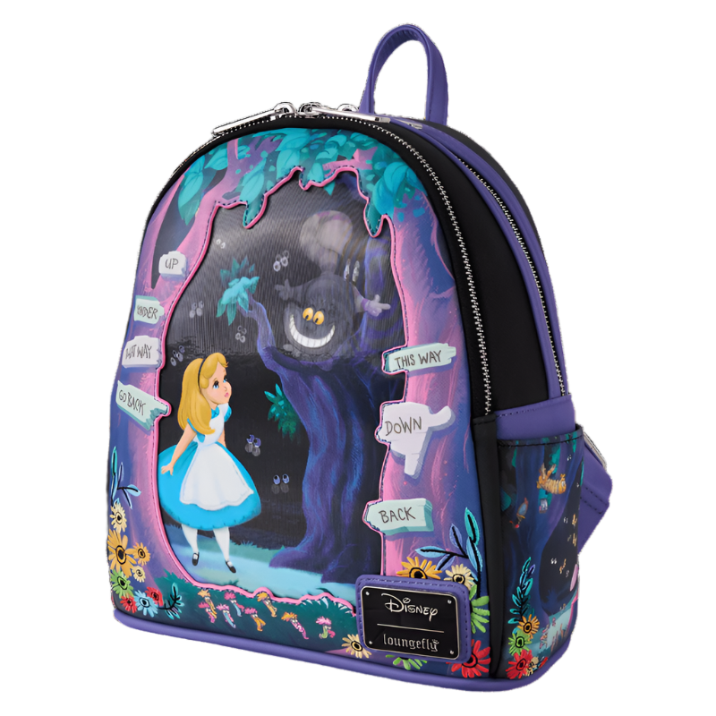 Side view of the mini backpack with Alice in Wonderland design featuring Alice, Cheshire Cat, and a purple tree and colorful text on a white background.