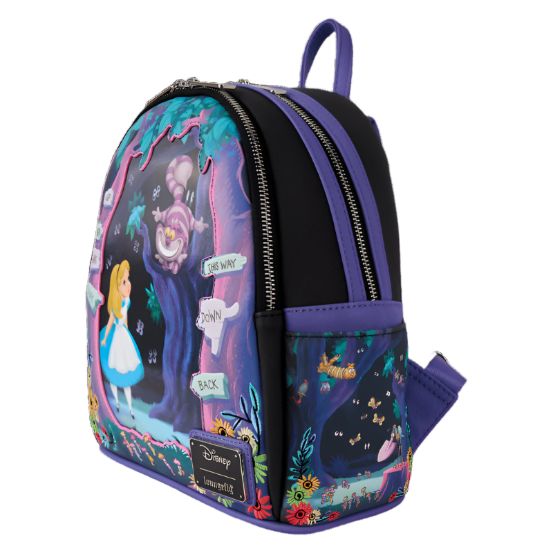 Side view of the mini backpack with Alice in Wonderland design featuring Alice, Cheshire Cat, and a purple tree and colorful text on a white background.