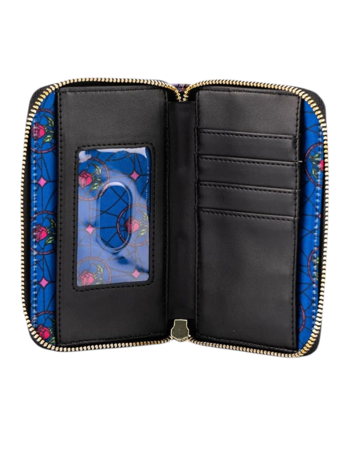 Black wallet with colorful interior lining on a white background