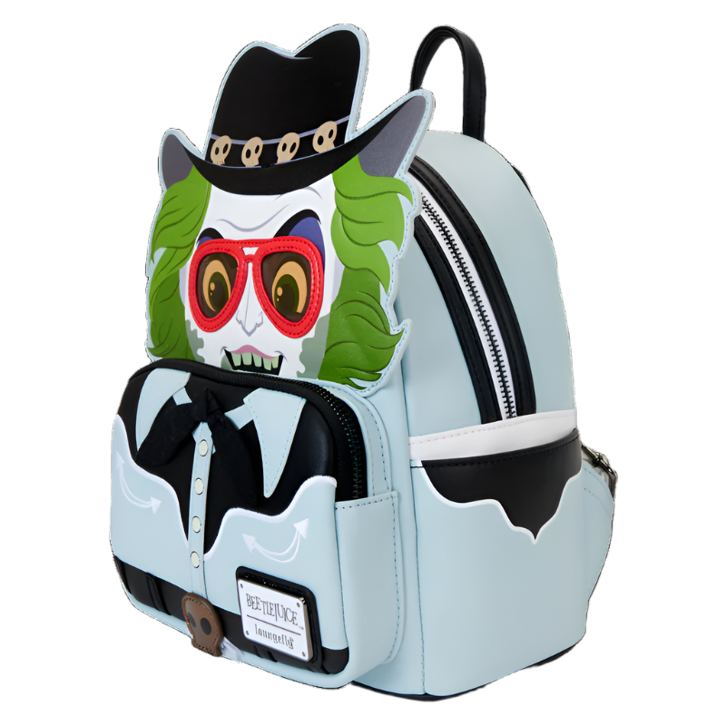 Side view of the Beetlejuice Western Mini Backpack with Beetlejuice face and cowboy hat design on a white background