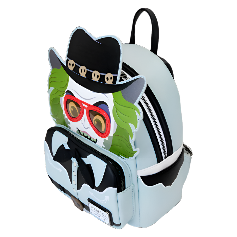 Side and top view of the Beetlejuice Western Mini Backpack with Beetlejuice face and cowboy hat design on a white background