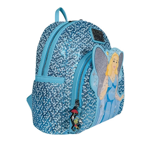 Blue sequin backpack with BLue Fairy from Pinocchio on a white background