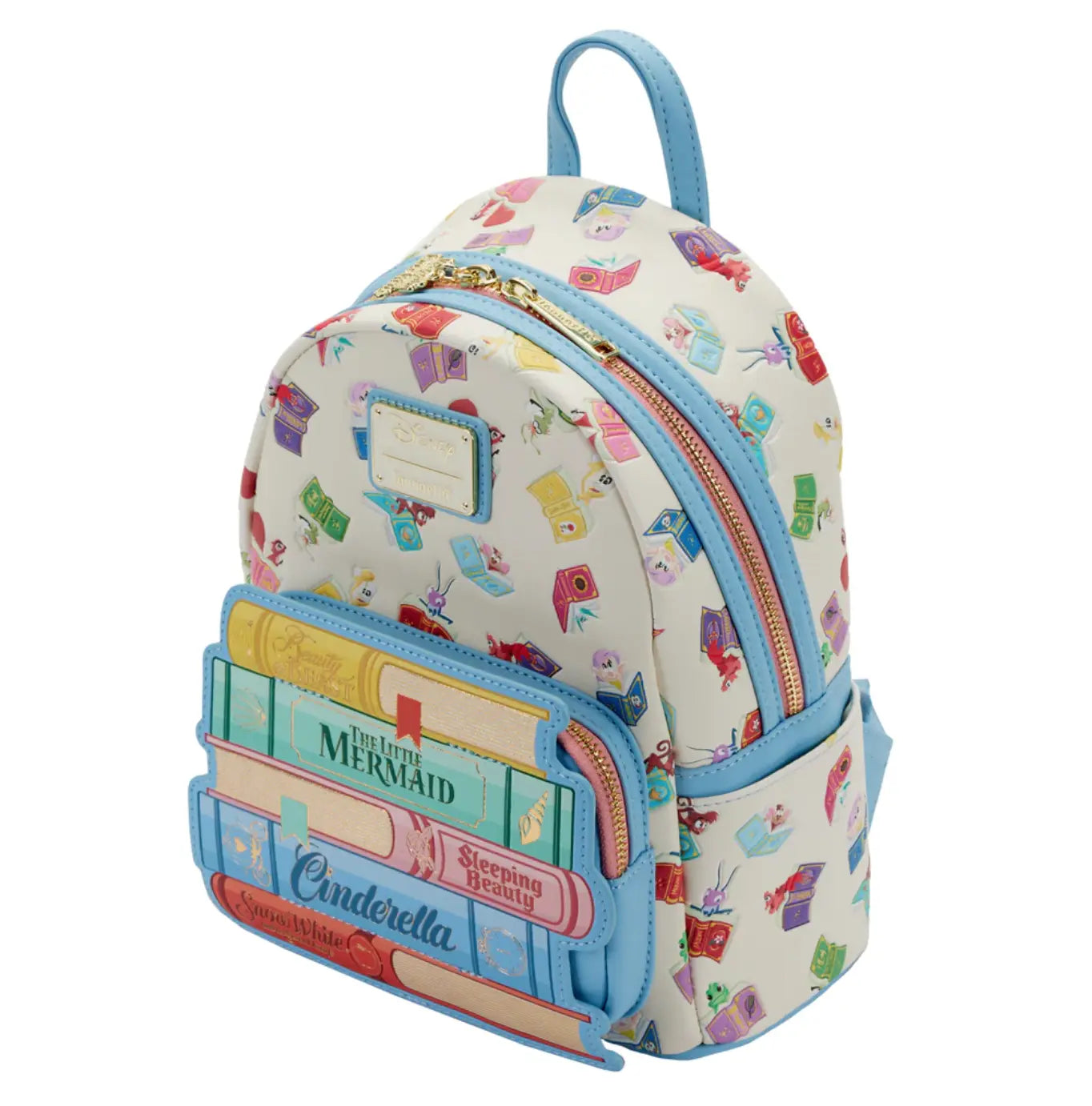 Backpack with Disney book design and colorful pattern on a white background