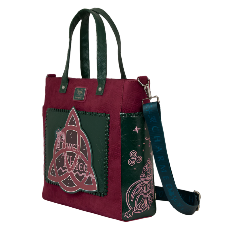 Handbag with green and red design on a white background