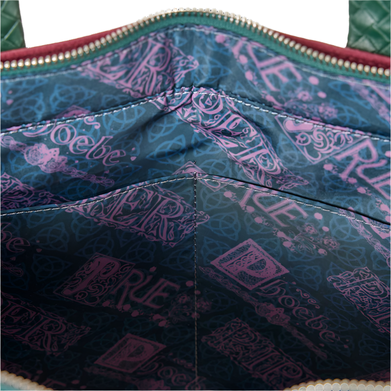 Close-up of a patterned fabric with visible branding on a product.