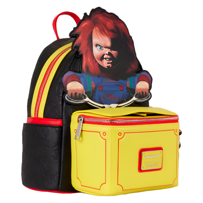 Backpack with Chucky doll design and yellow pouch on a white background