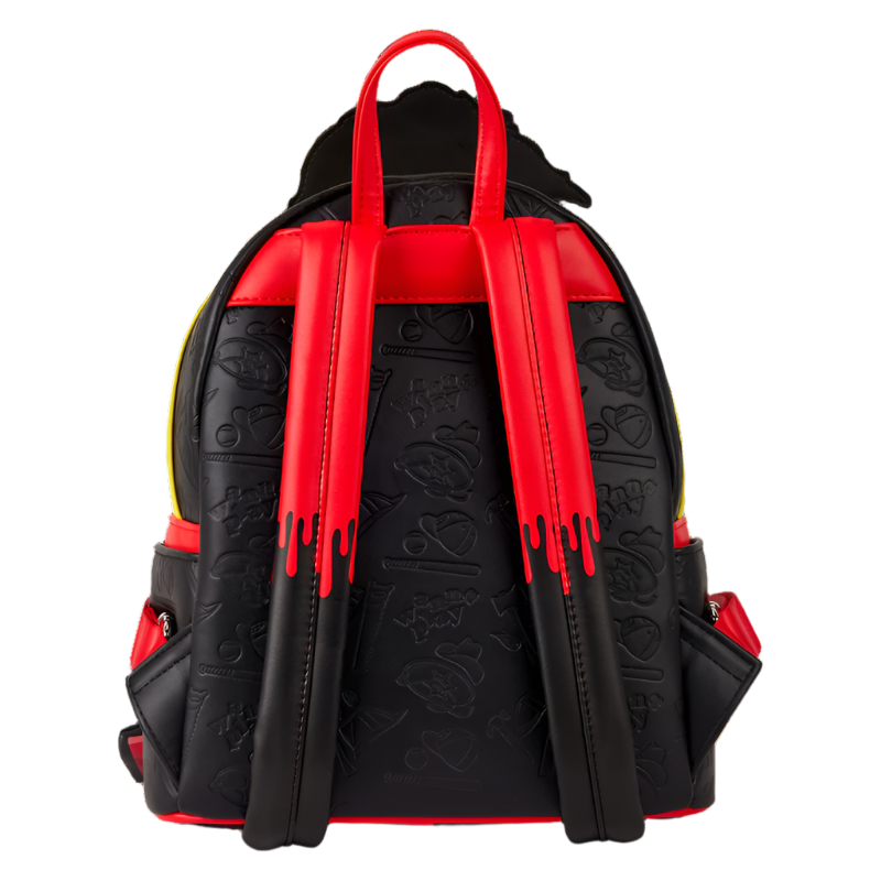 Black backpack with red straps on a white background