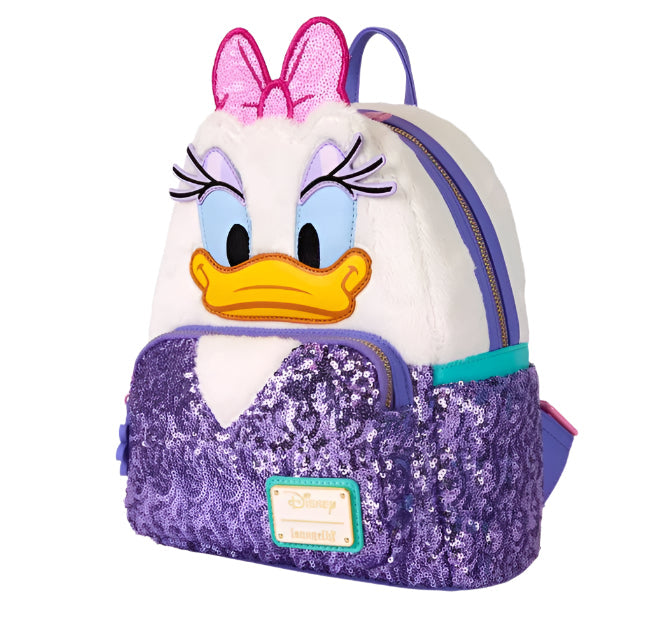 Backpack with Daisy Duck and purple sequins on a white background