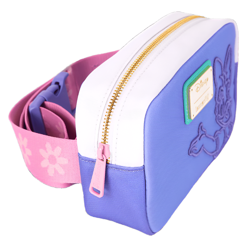 Purple and white pouch with floral strap on a white background