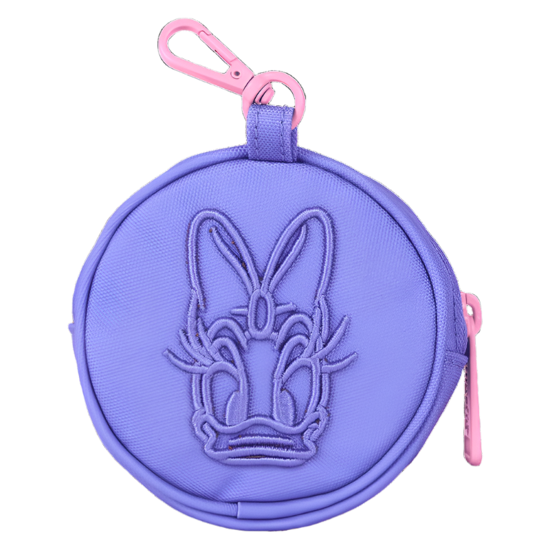 Purple round pouch with Daisy Duck's face and pink zipper and carabiner on a white background