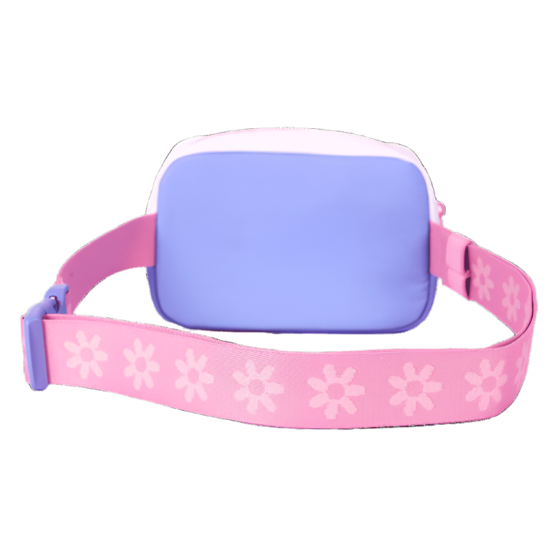 Purple bag with a pink strap featuring white floral patterns on a white background