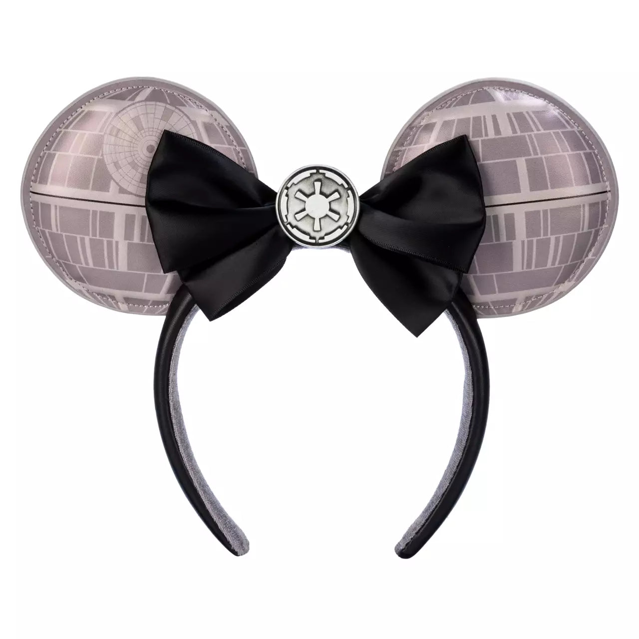 Minnie Mouse ears with Death Star design and black bow with Galactic Empire symbol on a white background