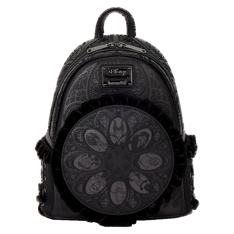Black backpack with circular design of villains and Disney logo on a white background