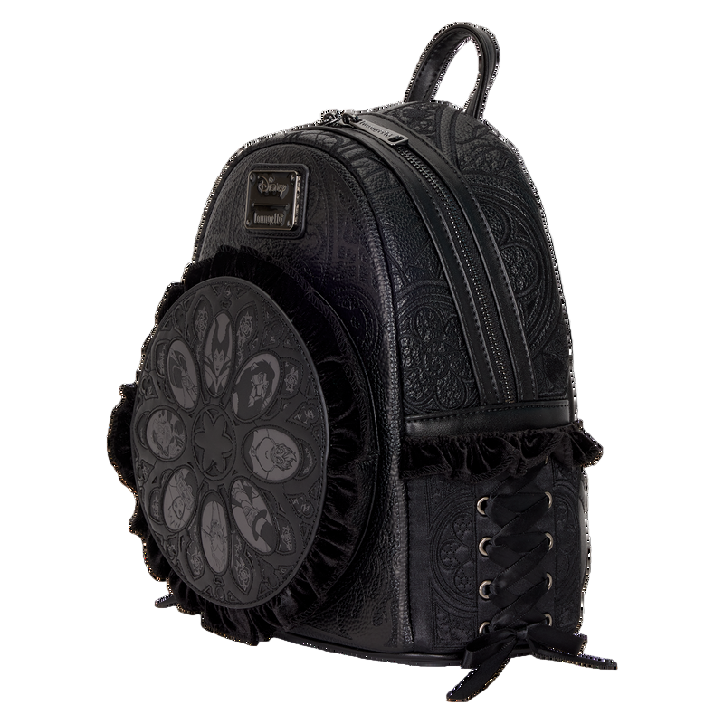 Black backpack with intricate designs on a white background