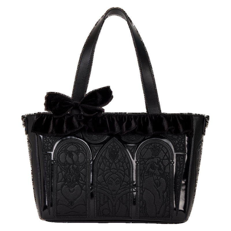 Black handbag with decorative panels and a bow on a white background