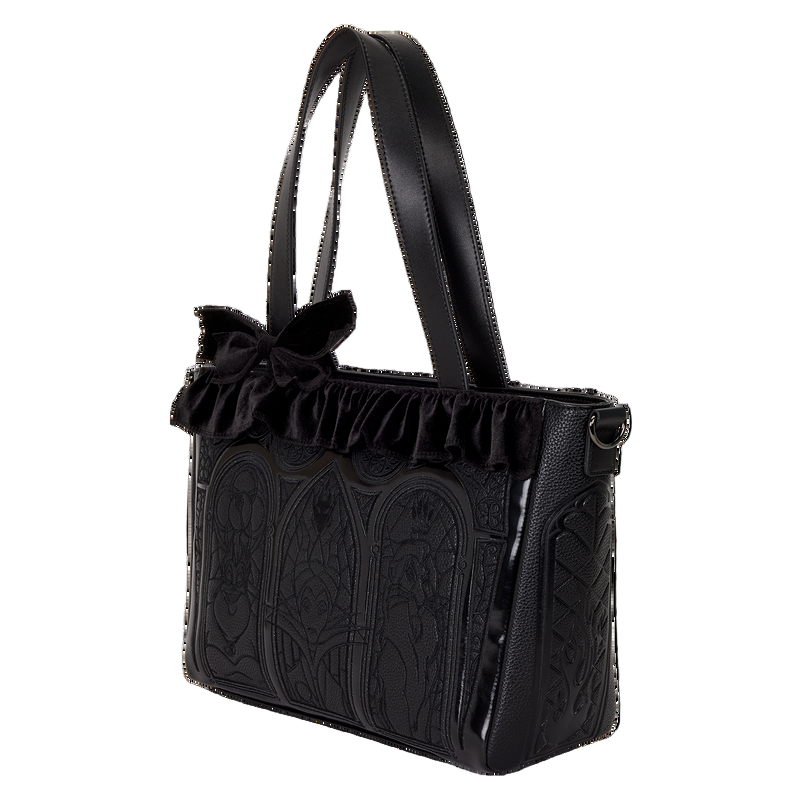 Black handbag with ruffled bow on a white background
