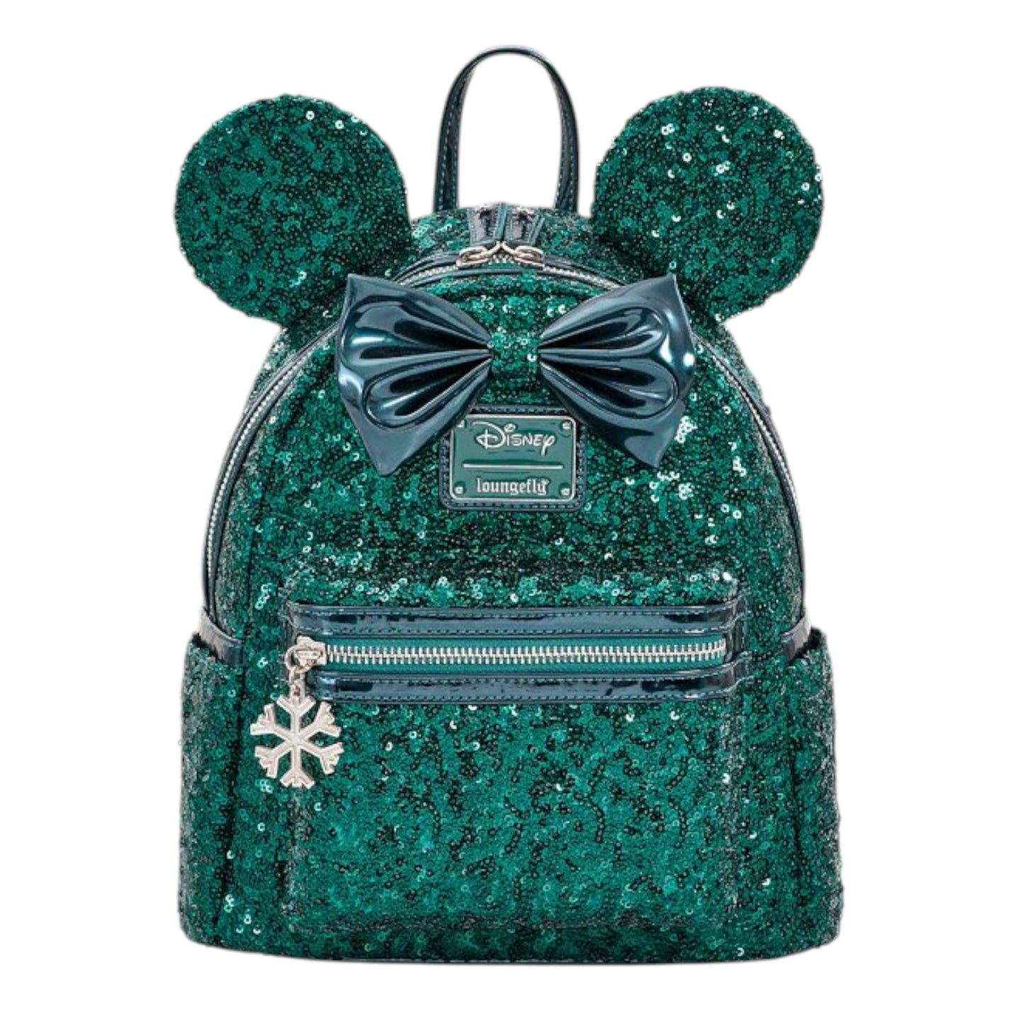 Green sequin backpack with Minnie Mouse ears, a bow, and snowflake zipper charm on a white background