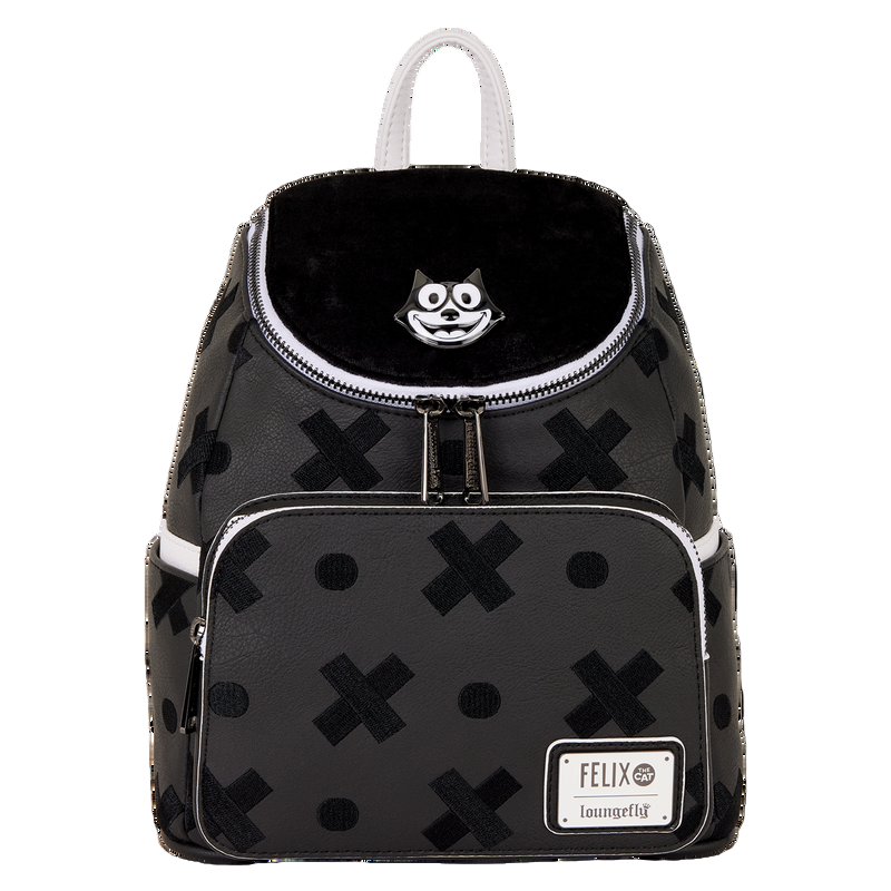 Black backpack with white "X" patterns and a visible brand logo on a white background