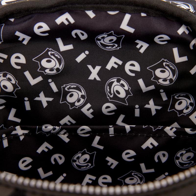 Black inner lining with white 'Felix' pattern and cat face logo
