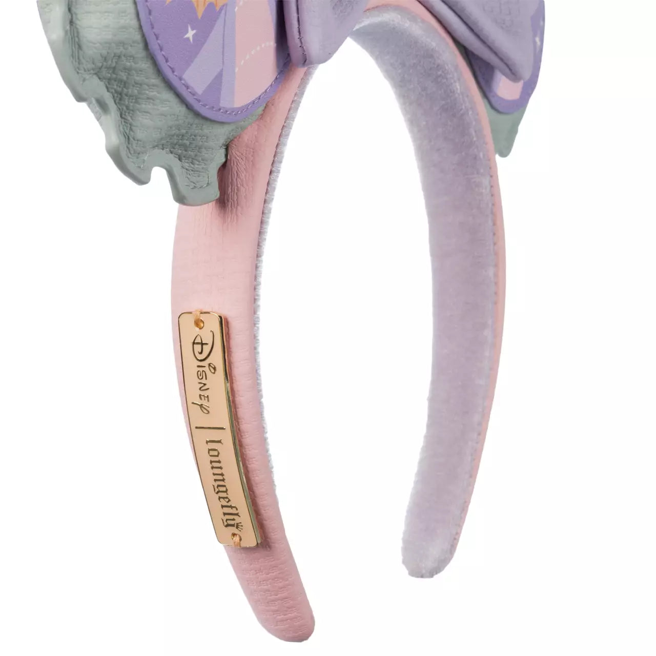 Pink and purple headband with a Disney Loungefly label on a white background
