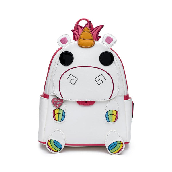 Mini Backpack shaped like Fluffy from the Minions franchise, shaped like a cartoon unicorn with a rainbow horn on a white background