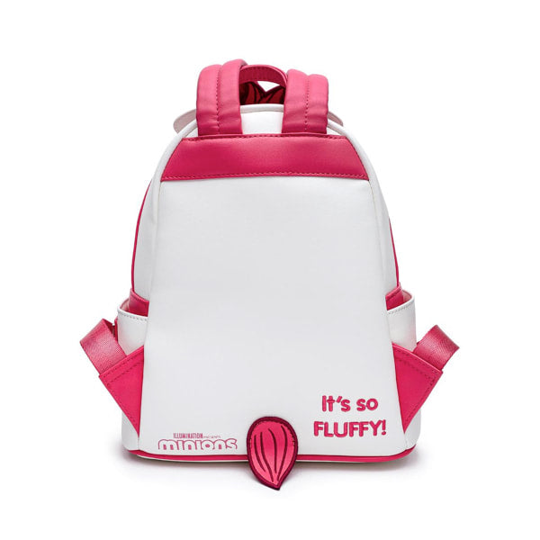 White and pink backpack with 'It's so fluffy!' text on a white background