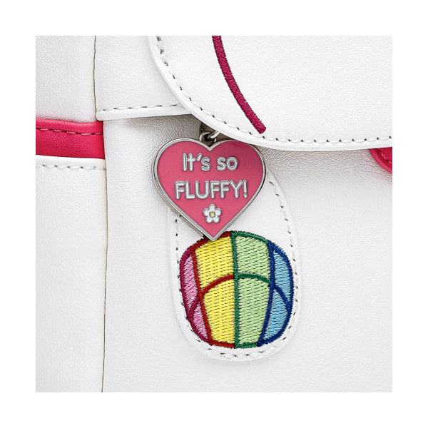 Heart-shaped zipper pull with 'It's so FLUFFY!' text on a colorful embroidered patch on a white background.
