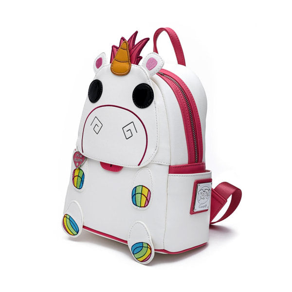 Unicorn-shaped backpack with rainbow details on a white background