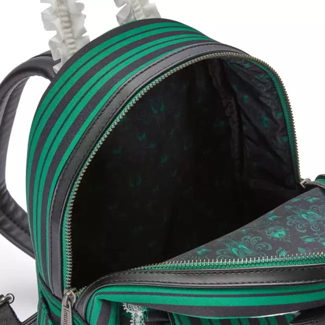 Green and black striped backpack with a design on a white background