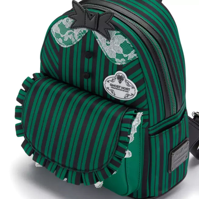 Green and black striped backpack with lace details on a white background