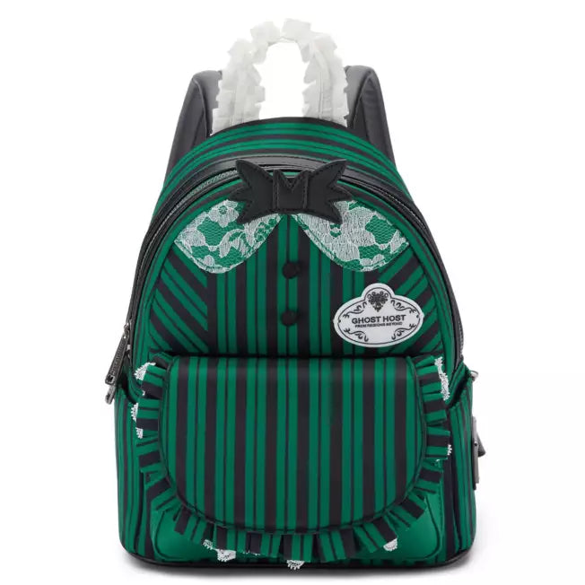 Green striped backpack with decorative elements on a white background
