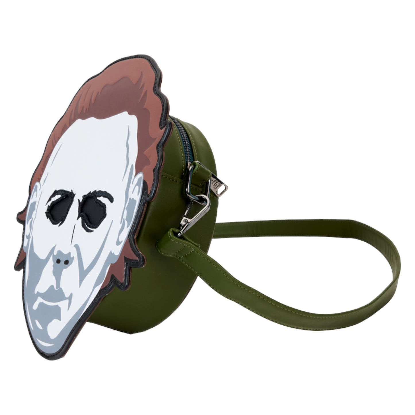 Michael Myers glow crossbody bag with a face design on a white background