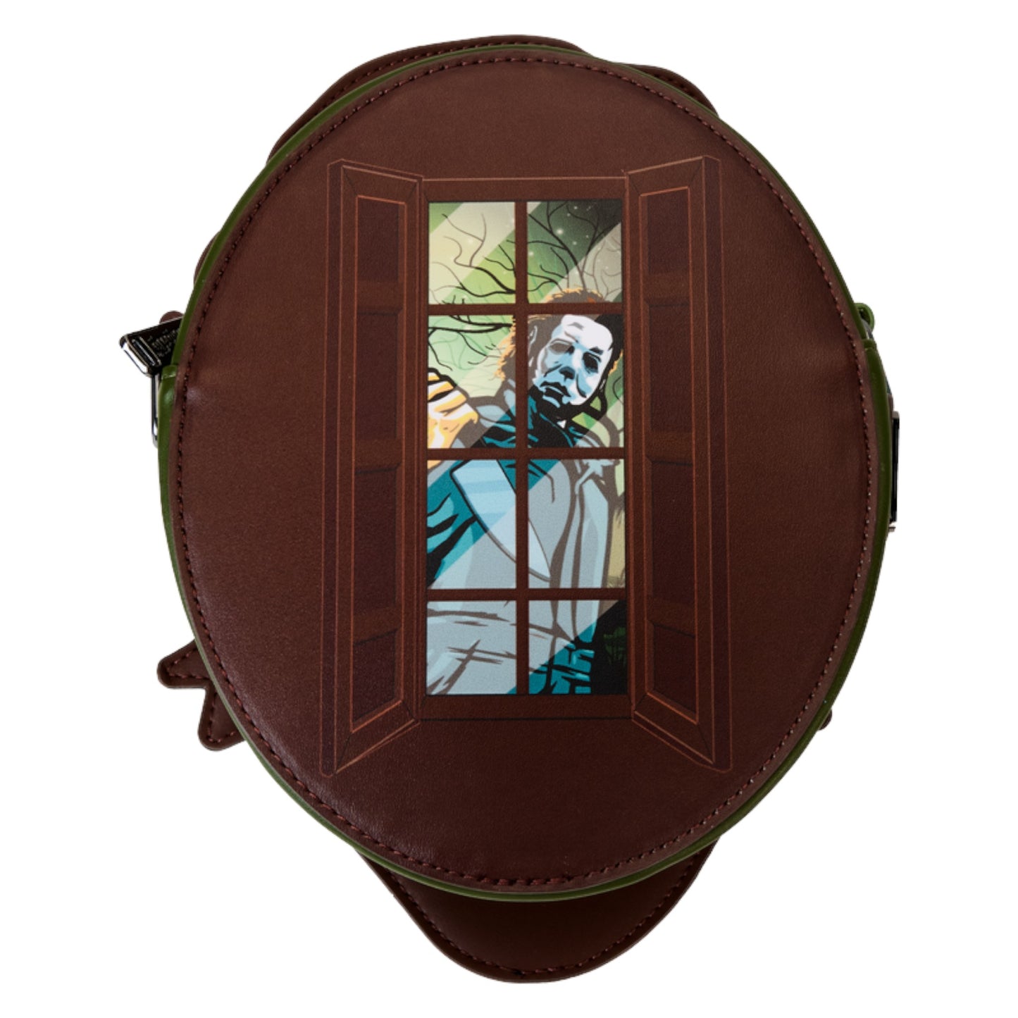 Round brown bag with a stained glass window design featuring Michael Myers holding a knife.