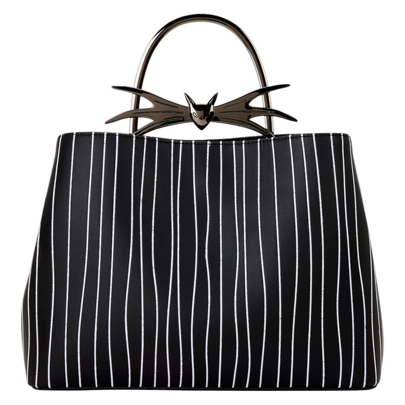 Black handbag with white pinstripes and decorative Jack Skellington handle on a white background