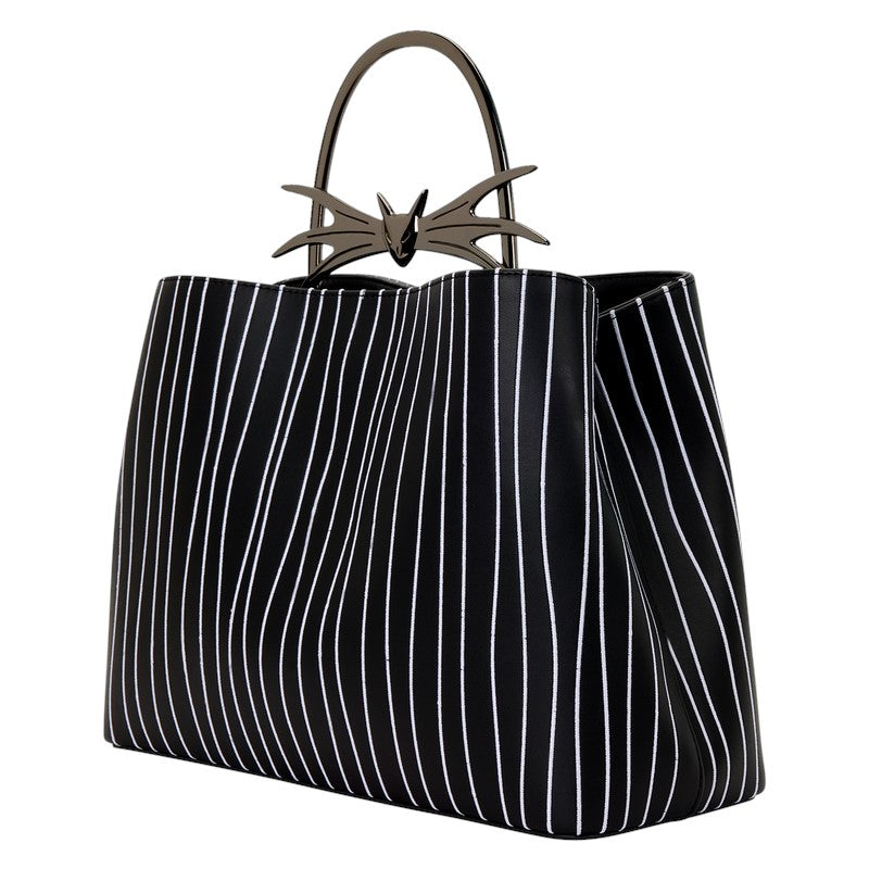 Black pinstripe handbag with a decorative Jack Skellington handle on a white background