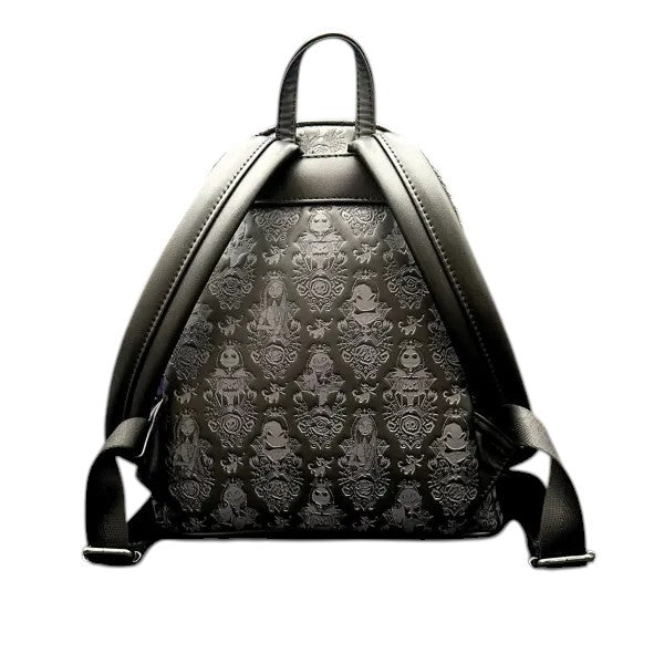 Black backpack with a patterned back on a white background