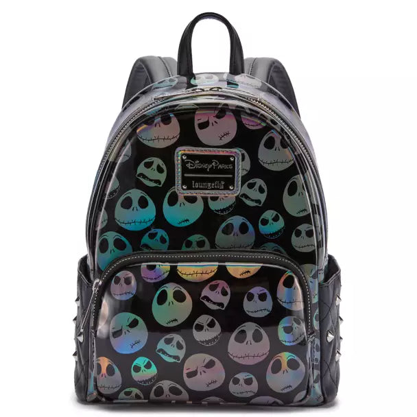 Backpack with colorful Jack Skellington pattern on a white background