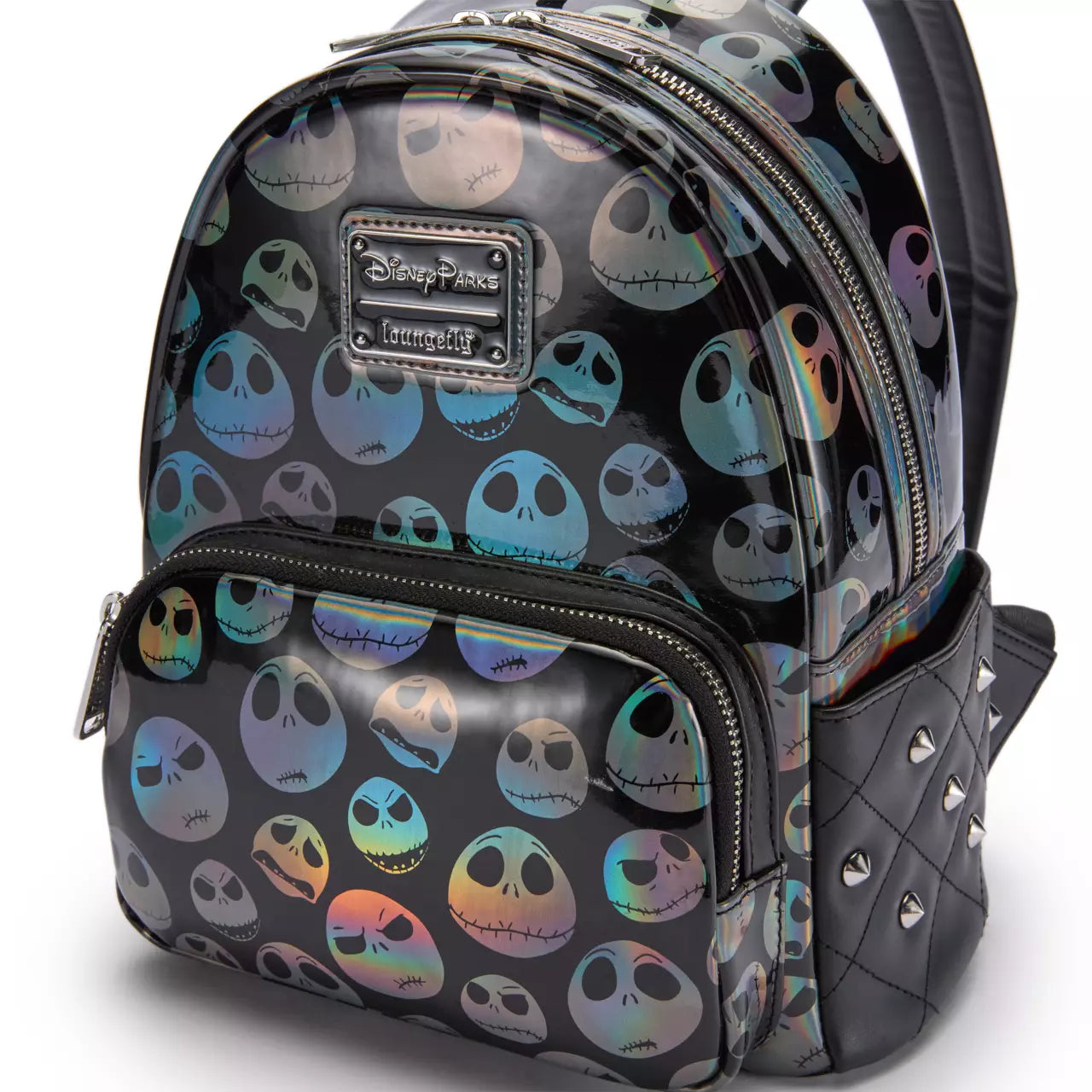 Backpack with Jack Skellington pattern and Disney Parks logo on a white background