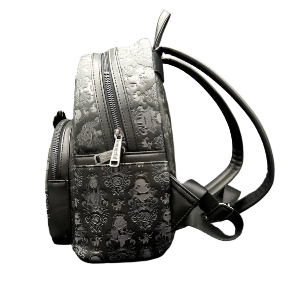 Black backpack with intricate patterns on a white background
