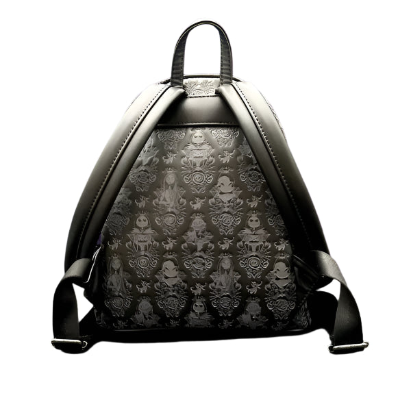 Black backpack with patterned back on a white background