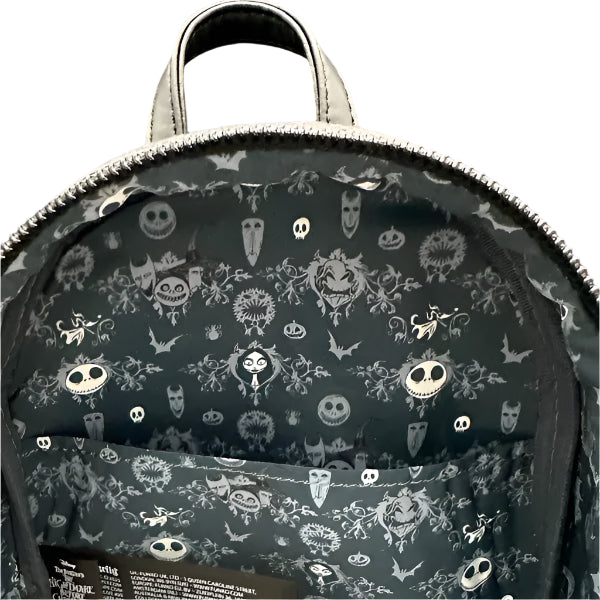 Backpack with Halloween-themed design on a dark background
