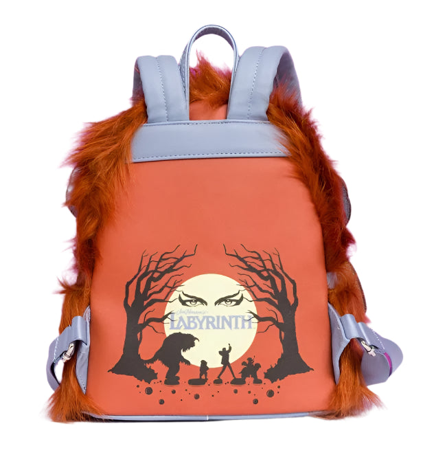 Backpack with orange back panel featuring 'Labyrinth' design on a white background
