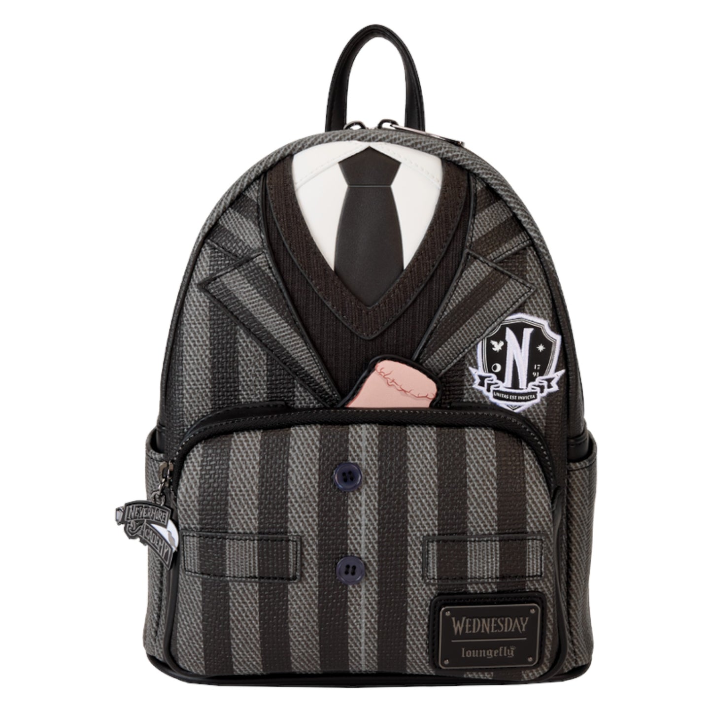 Mini backpack designed like a Wednesday Addams uniform from the Netflix series with a tie, logo, and the wrist of 'Thing' on a white background